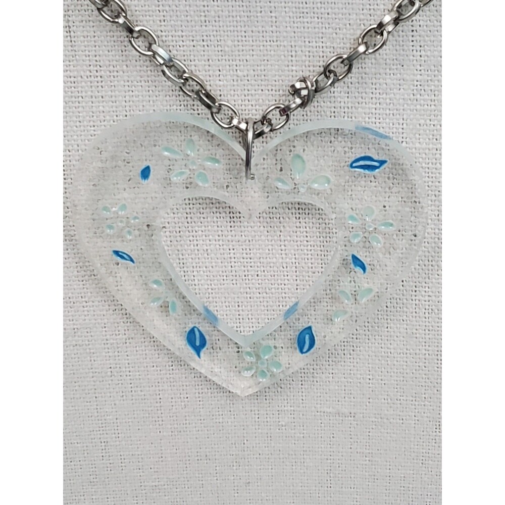 Etched Blue Floral Heart Textured Open Pendant Necklace Silvertone Chain NWOT
